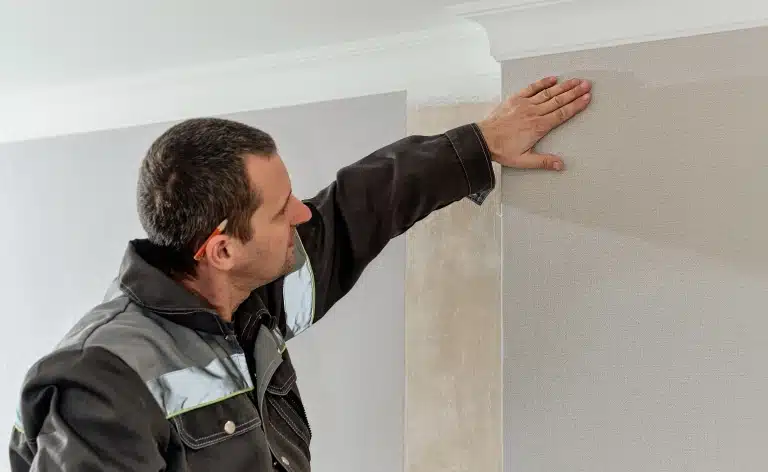 man-glues-gray-vinyl-wallpaper-backing-renovation-room-wall-repairman-is-finishing-wallpapering